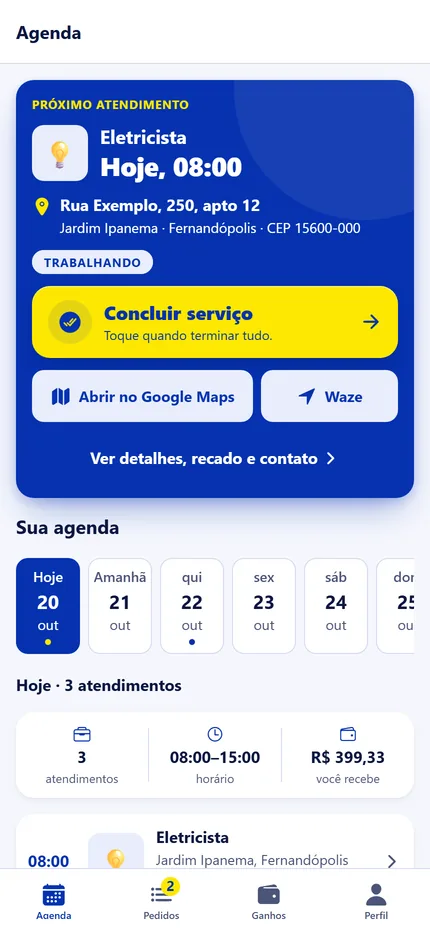 App do prestador: próximo atendimento com endereço e o botão da próxima etapa