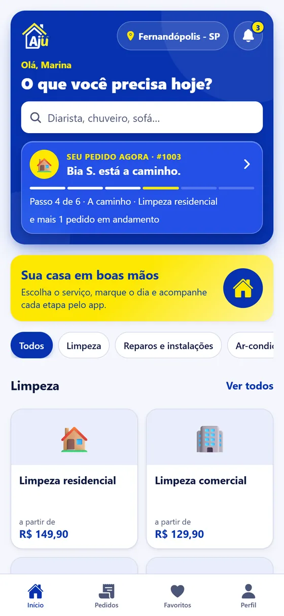 App Ajudaquí: tela inicial com busca de serviços e o pedido a caminho