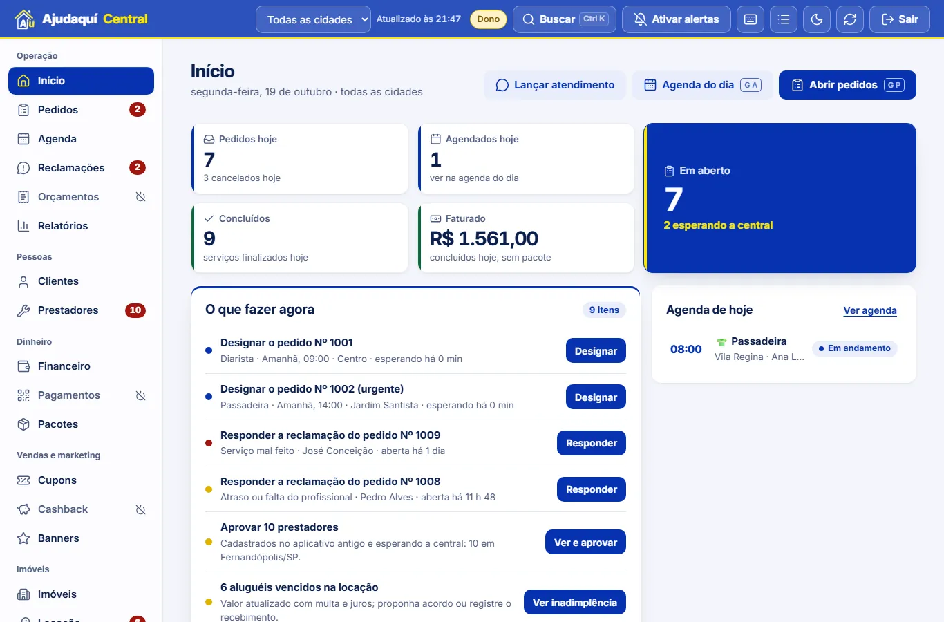 Painel da central: números do dia, o que fazer agora e a agenda de hoje