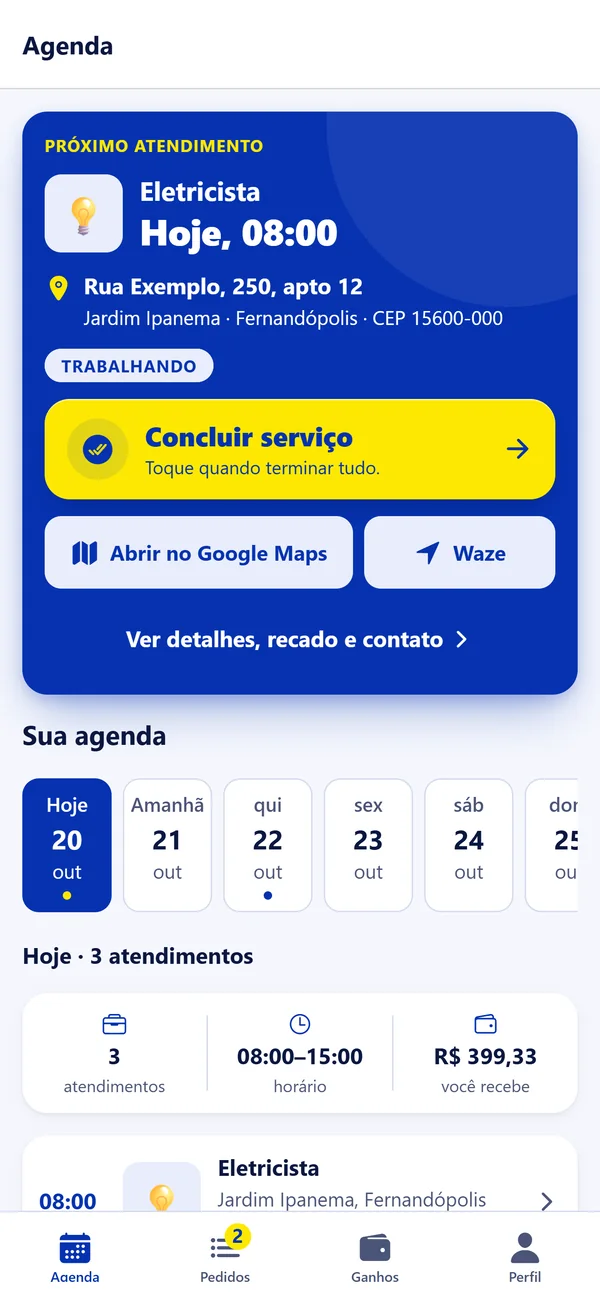 App do prestador: agenda do dia com o próximo atendimento