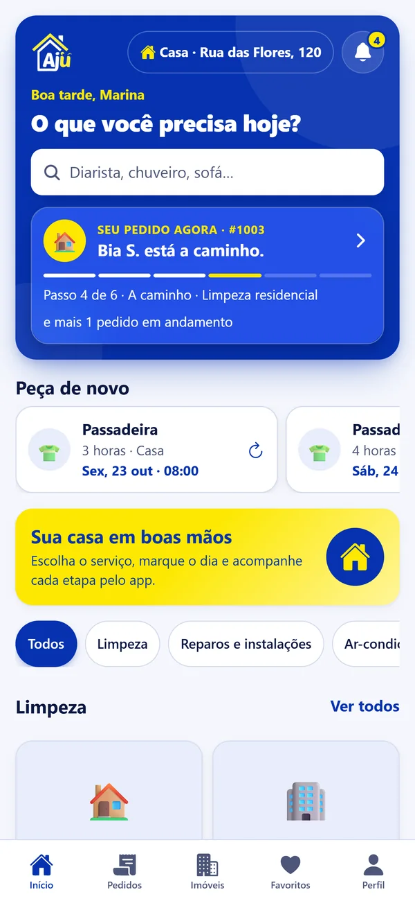 App Ajudaquí: tela inicial com busca de serviços e o pedido em andamento